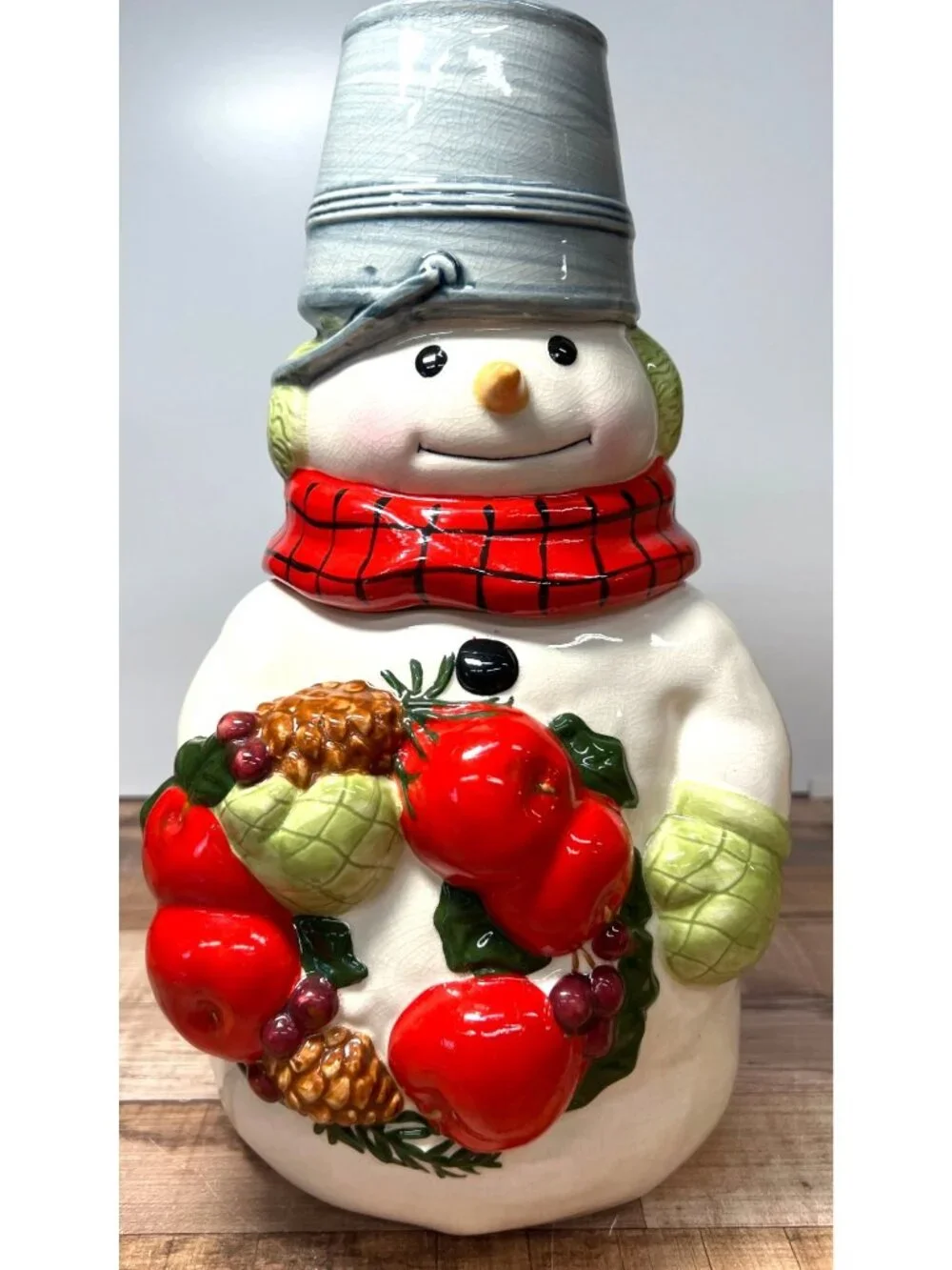 Hallmark Snowman Holiday Cookie Jar Ceramic Metal Bucket Hat Large